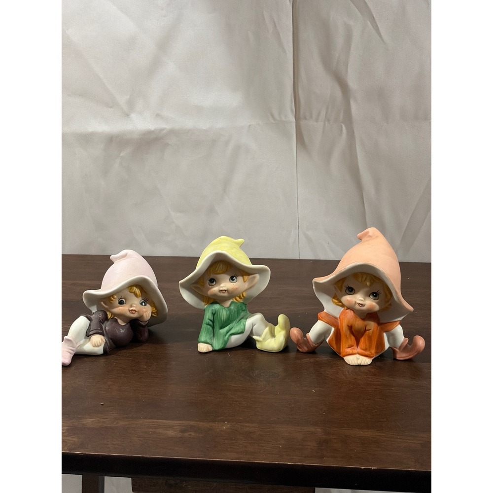Vintage Homco 5213 Porcelain Elf Pixie Figurine Set of 3 Ceramic Gnomes Taiwan